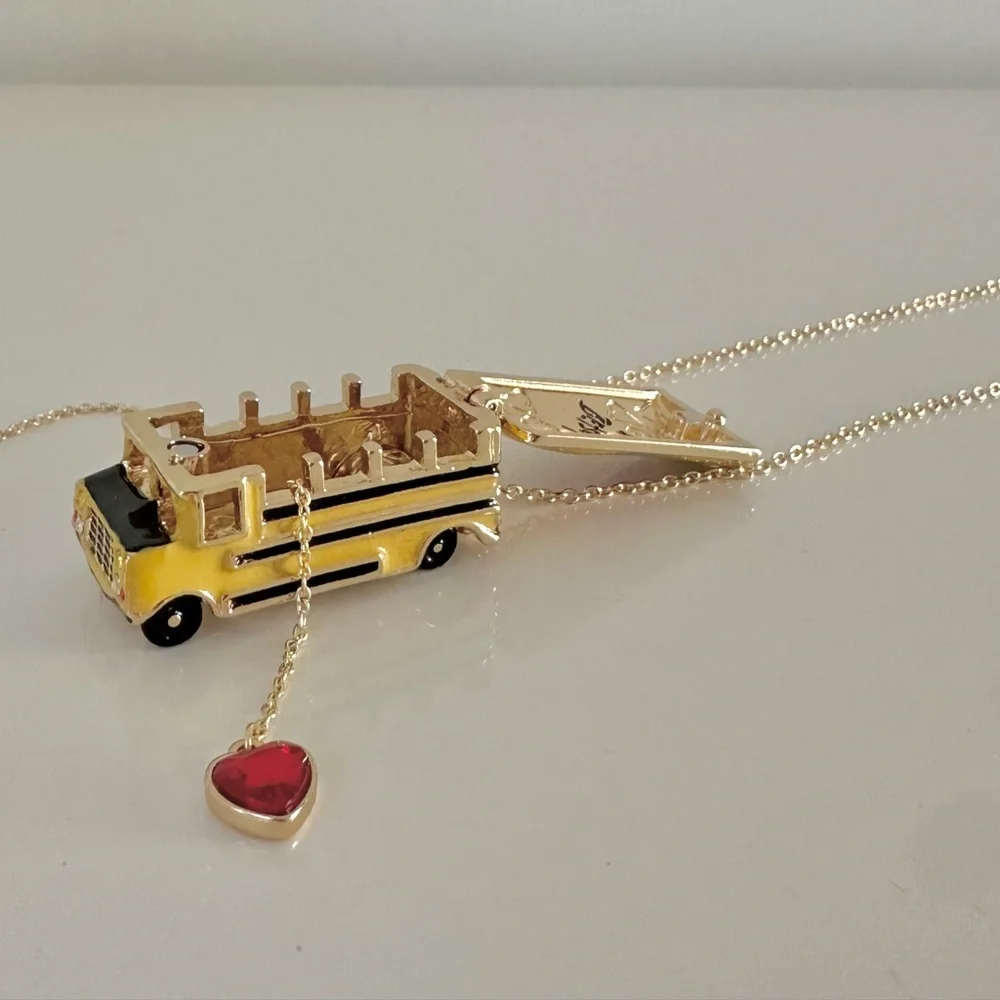Betsey Johnson BACK TO SCHOOL Gold Tone Yellow Bus Heart Locket Long Nec… - Picture 12 of 14